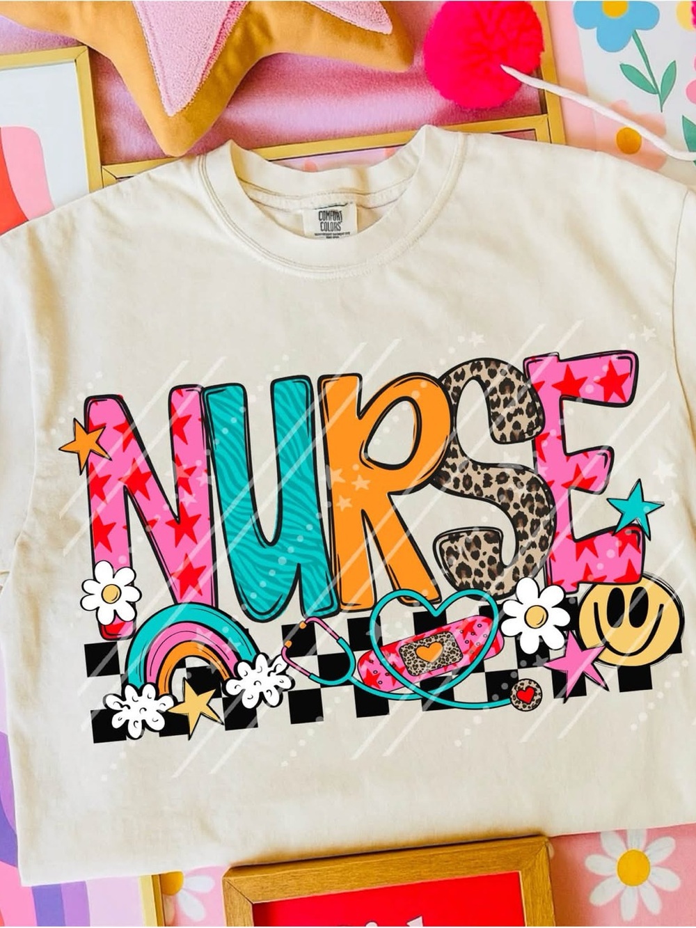 Comfort Colors Ivorg Unisex NURSE Graphic Tee with Bright Multi Colors